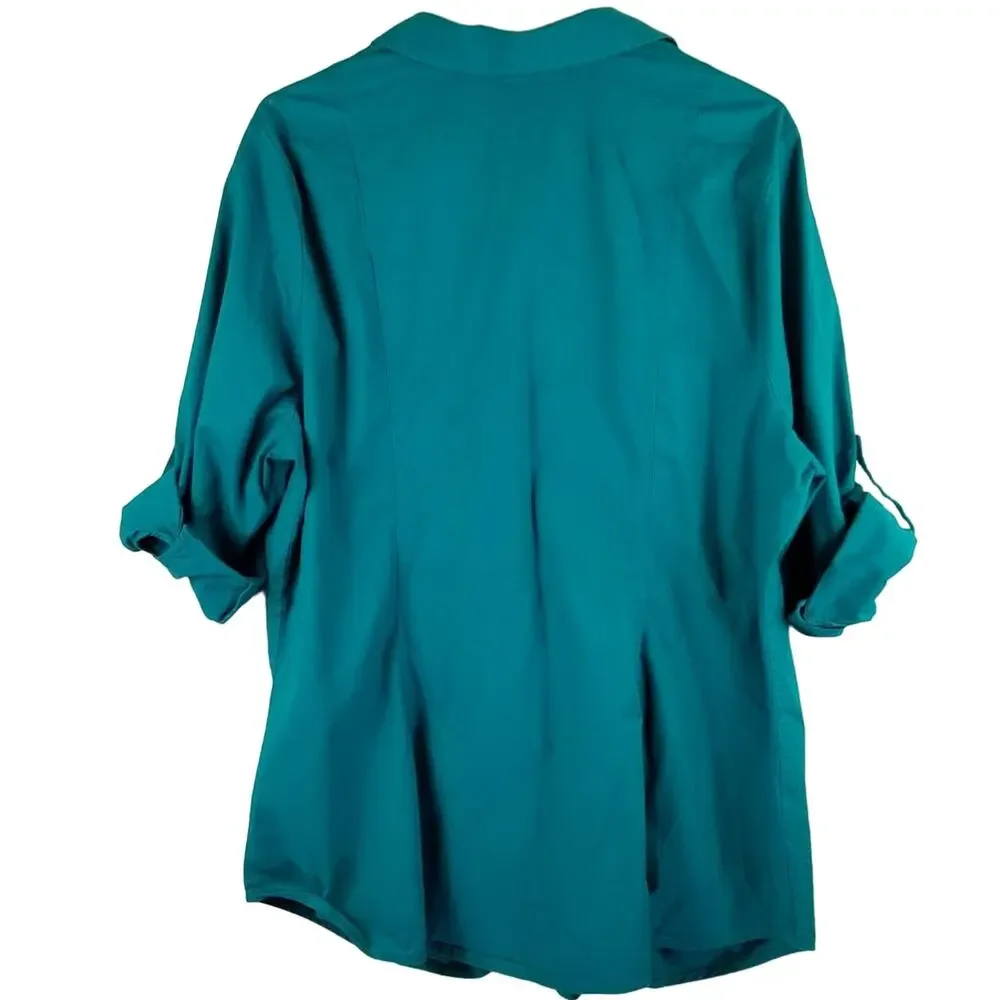 Lane Bryant Turquoise Studded Pocket Design Rolled Sleeves Up/Down Blouse 18/20 - Picture 3 of 4